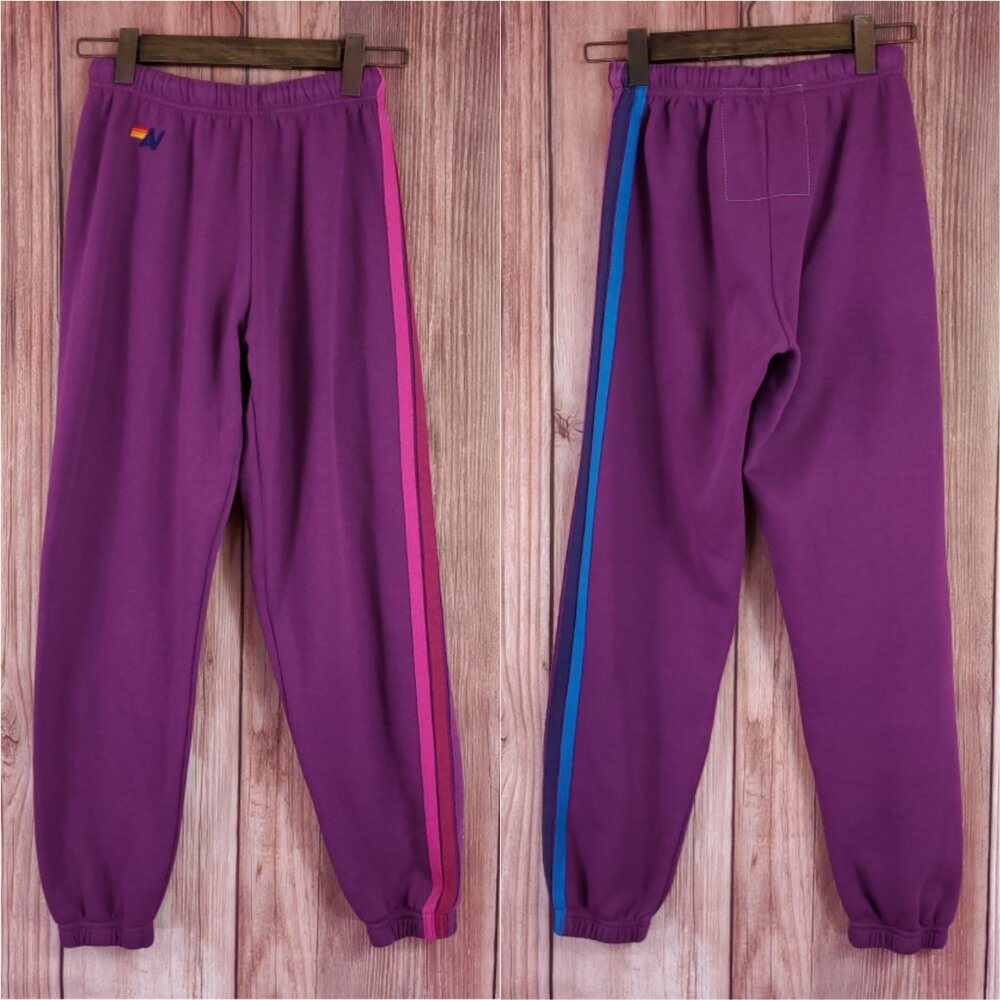 Aviator Nation Womens Small Maddie Kendall 5 Stripe Sweatpants Joggers Purple